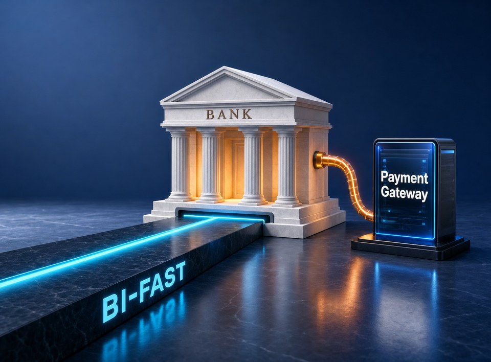 A Payment Gateway terminal is cabled into the side wall of a classical bank building, while only the bank itself sits directly on the glowing BI-FAST rail running beneath it.