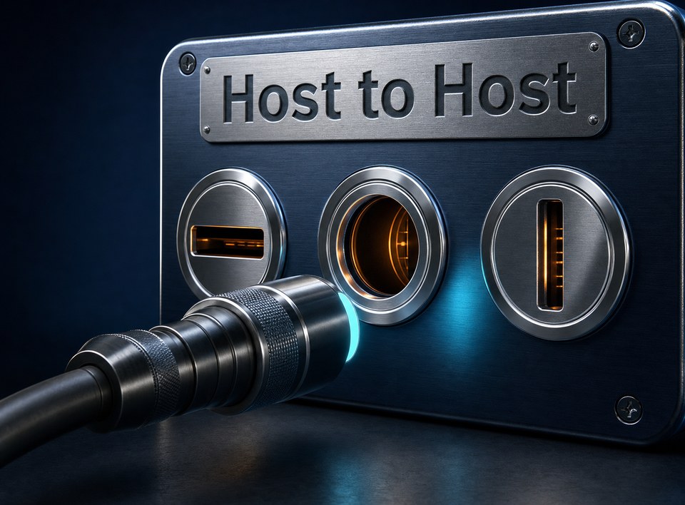 A single cable plug reaches toward a steel panel labelled Host to Host that holds three differently shaped sockets, a flat slot, a round port and an upright slot.