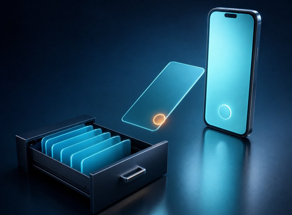An upright smartphone with a glowing cyan screen releases a glass copy of that screen, marked with a small orange seal, toward an open metal filing drawer that already holds a row of identical glass plates.
