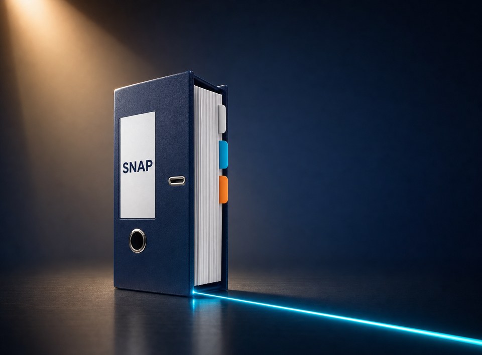 A lever-arch binder labelled SNAP stands under a spotlight, packed with tabbed pages, while a line of light runs from its base across the floor like a live API connection.